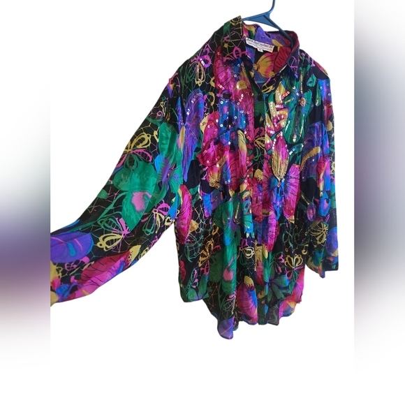 Vintage Judith Ann Creations Silk Beaded Blouse - 80s/90s Tropical Floral - Picture 2 of 5